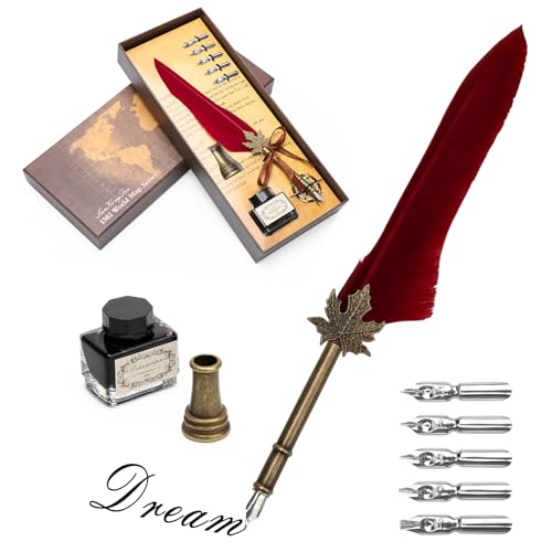 AHIER Quill Pen and Ink Set, Feather Pen Quill Pen Set Includes 5 Steel Replacement Nibs,Pen Nib Base and Dip Ink Bottle for Antique Calligraphy (Red)