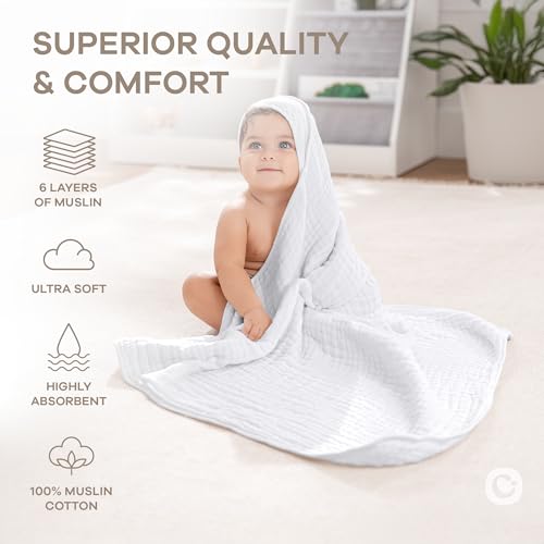 Image of Comfy Cubs Baby Hooded 9 Layer Muslin Cotton Towel for Kids, Large 32 inch x 32 inch, Ultra Soft, Warm, and Absorbent. Baby Essentials Bath Towels, Cute Unisex Cover for Girls and Boys (Pack of 1, White)