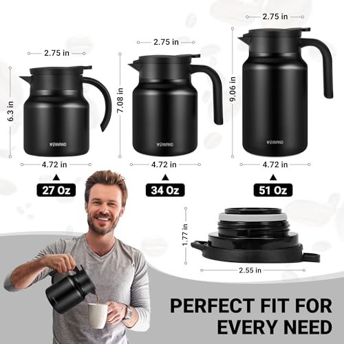 Image of Insulated Coffee Carafe, 34 oz, Keeps Hot for 12H, Black | Thermal Carafe, One-Hand Pour, Leakproof Lid, Anti-Slip Base for Personal Use