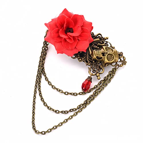 Vintage Punk Rose Hair Clip Skull Cross Long Chain Brooch Pin Gothic Lolita Headpiece For Halloween Costume Hair Accessories #TOP25