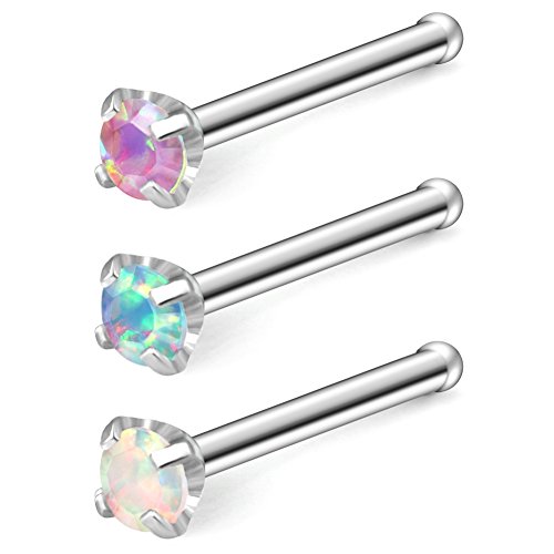 Ruifan 3PCS 20G 316L Surgical Steel 2mm Mix Color Opal Nose Rings Studs Bone Ring Body Piercing Jewelry