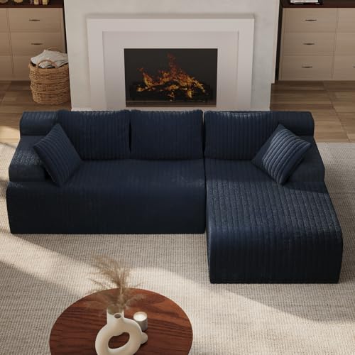 Image of LAUSAINT HOME 96 inch Modular Sectional Sofa Couches, L-Shaped Boneless Cloud Sofa with 3 Deep Seat, 5 Cushiones Oversized Chaise for Living Room, Bedroom, Plush Corduroy Fabric (Right, Navy Blue)