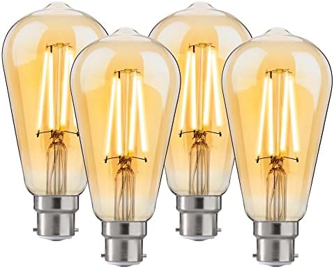 FLSNT LED Edison Bulb B22 Vintage Light Bulbs, Dimmable 7W Filament Bayonet Bulb, Retro Lamp, ST64, 60W Equivalent,Warm White 2700K, Amber Glass, 4 Pack