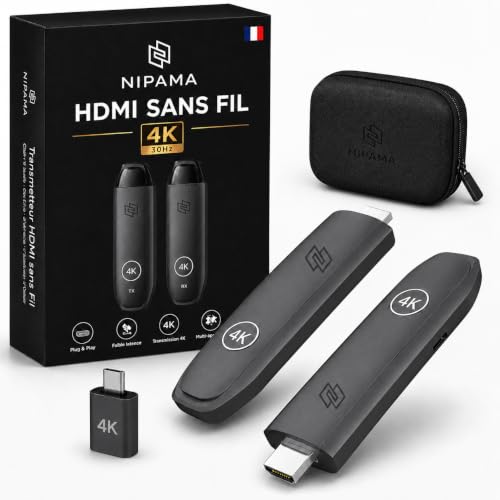 NIPAMA HDMI sans Fil 4K – Émetteur Récepteur sans Fil Plug & Play | Transmetteur HDMI Wireless | sans WiFi ni Application | Portée 30M | TV PC Mac...