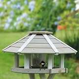 HABAU Vogelhaus mit Futtersilo und Ständer | Futterhaus für Wildvögel montiert | Silo aus Kunststoff | Sechseckiges Haus für Wildvögel (Grau-Weiß)