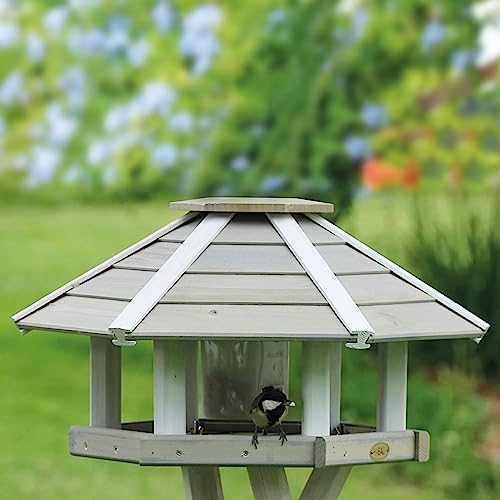 HABAU Vogelhaus mit Futtersilo und Ständer | Futterhaus für Wildvögel montiert | Silo aus Kunststoff | Sechseckiges Haus für Wildvögel (Grau-Weiß)