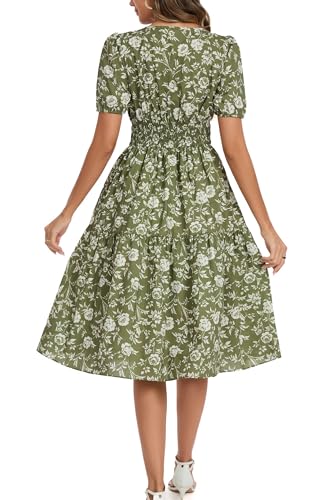 Image of Kormei Women Summer Casual Boho Floral Round Neck Short Sleeve Smocked Waist Tiered Flowy Swing Midi Dress L Floral Green