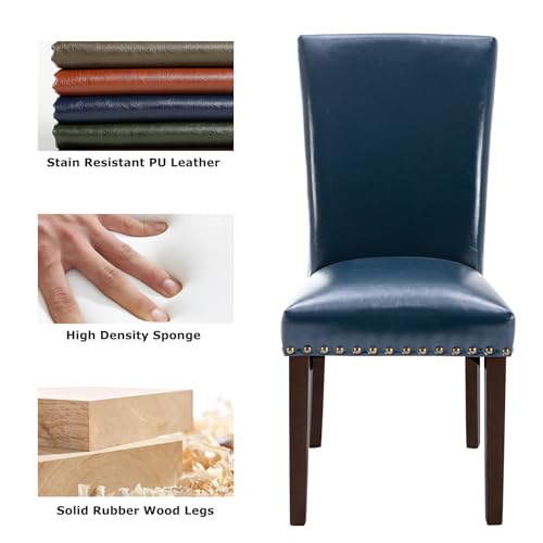 Image of COLAMY Upholstered Parsons Dining Chairs Set of 6, PU Leather Dining Room Kitchen Side Chair with Nailhead Trim and Wood Legs - Blue