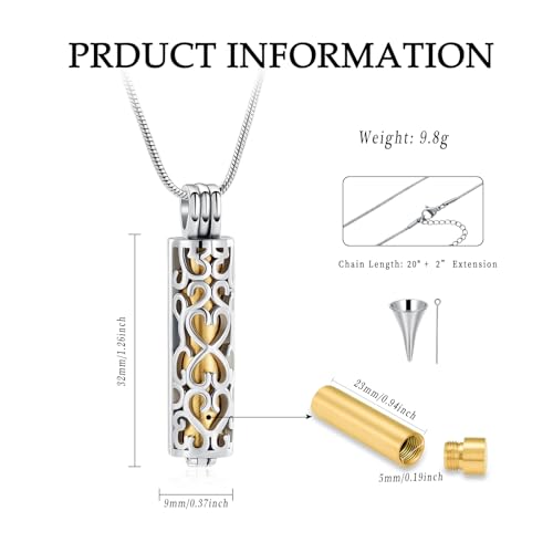 VCCWYQK Hollow Cylinder Urn Necklace for Ashes for Women Men Cremation Jewelry Keepsake Memorial Human Pet Ashes Pendant (Silver+Gold) - Image 2
