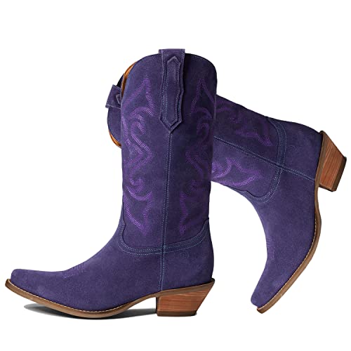 Image of LEHOOR Cowboy Boots Women Embroidered Mid Calf Western Boots Stacked Low Heel Pointed Toe Pull On Cowgirl Boot 4-11 M US