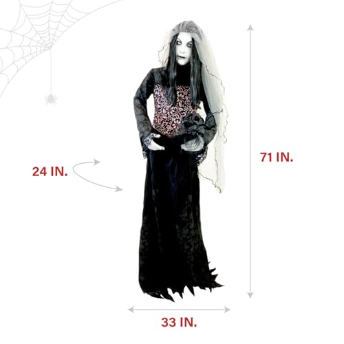 Haunted Hill Farm Rising Ghost Bride by Tekky, Battery-Operated, Sound Activated Animatronic with Sound Effects and Lights for Indoor or Covered Outdoor Creepy Halloween Decoration
