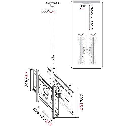 Mywall HP3L - Supporto Da Soffitto Per Schermi Piatti A Monitor Vesa Da 94 Cm (37 Pollici) A 160 Cm (63 Pollici), Carico Max. 80 Kg, Colore: Argento - 3