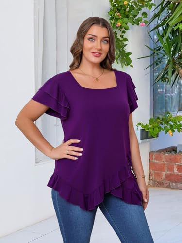 Beauhuty Womens Plus Size Shirts Square Neck Loose Tops Ruffled Hem Tunic Casual Flowy Dressy Blouses Ruffle Short Sleeves4