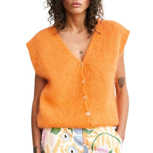 Gilet en tricot pour femmes col en V boutonné sans manches cardigan court en tricot ouvert sur le devant gilet pull haut de sortie, Orange, S