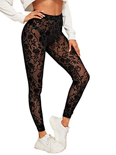 Sweatyrocks Women's Floral Sheer Mesh Leggings Stretchy High Waist Pants Black L #TOP3