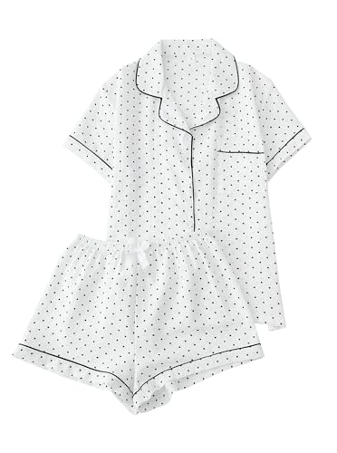 Image of Remidoo Women's Polka Dot Pj Set Short Sleeve 2 Piece Button Up Pajamas Sleepwear White Medium