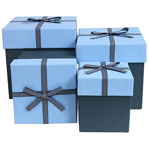 Emartbuy Set of 4 Gift Box, Dark Blue Box with Light Blue Lid and Stripy Black Blue Ribbon Cover