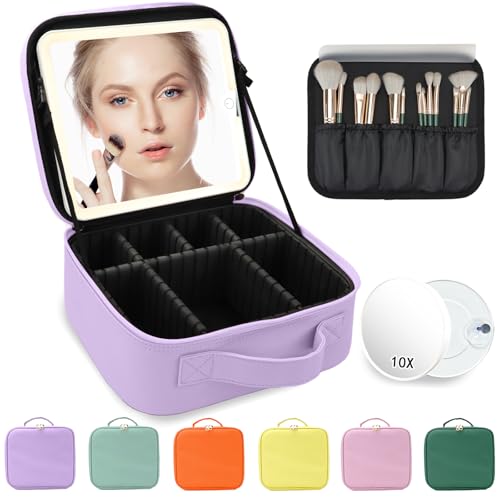 Image of Makeup Bag with Mirror,with Mirror 3 Color Setting and Detachable 10x Magnifying Mirror Large Vanity Makeup Cases,Portable Storage and Adjustable Dividers, for Women and Makeup Artists-Purple