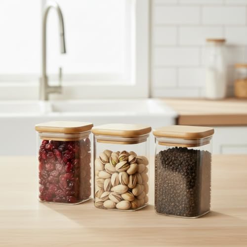 Image of ginoya brothers Airtight Borosilicate Glass Square Jar With Wooden Or Steel Lid Multi-Size, Container for Spices, Coffee, Grains, Snacks & Kitchen Organization (2, WOODEN LID, 270 ML)
