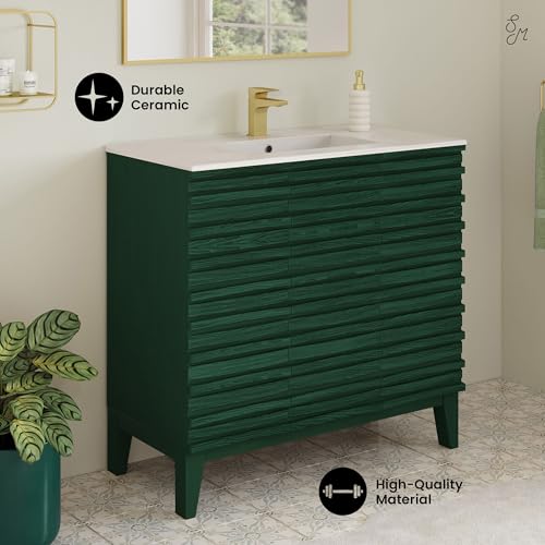 Image of Swiss Madison Cascade 36 inch Freestanding Bathroom Vanity in Green Oak with Sink Top