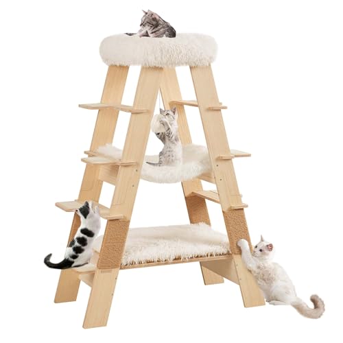 unipaws Pyramid Cat Tree, 5-Level Wooden Cat Ladder, Sturdy Tall Cat Climbing Tower with Cozy Hammock for Kittens and Indoor Cats