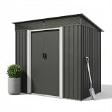 JUMMICO Casetta da Giardino in Metallo 196x122x182 cm, Capanno Attrezzi Zincato con Finestra in Acrilico e Porta Scorrevole, Anti-UV, Ventilato, Facile Montaggio, per Esterni,Nero-Con finestra
