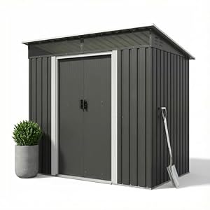 JUMMICO Metall Gerätehaus 3.63m³ Geräteschuppen 183x109x182cm, Gartenschuppen mit Fundament und Oberlichte, Gartenhaus für Gartengeräte und Mülltonnen, Schwarz