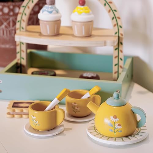 Image of Wooden Tea Party Dessert Set for Girls - Pretend Play Toy with Cake, Tea, and Kitchen Accessories for Toddlers and Kids