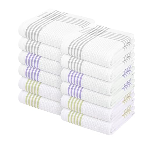 Image of Waffle White & Multi Colors Kitchen Towels 12 Pack, 100% Cotton, 16x26 inches, Durable Dish Towel, Quick Dry Dishcloths, Ideal for Drying, Wiping - Light Grey, Lavender, Lemon Green