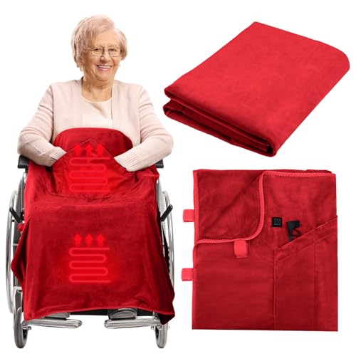 Hahafelt 12v Heated Flannel Wheelchair Blanket, Red Portable Heated Throw for Elderly 2 Heating Zones, Camping Essentials, Elderly Gift