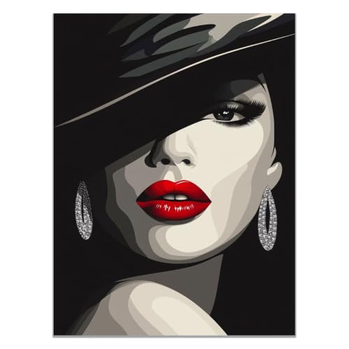 Tableau toile femme au chapeau et lèvres rouges 40x60cm sans cadre pour salon