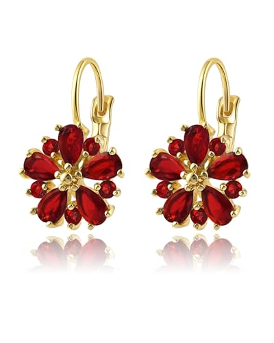 Elaximn Vintage 14K Gold Plated Flower Ruby Earrings