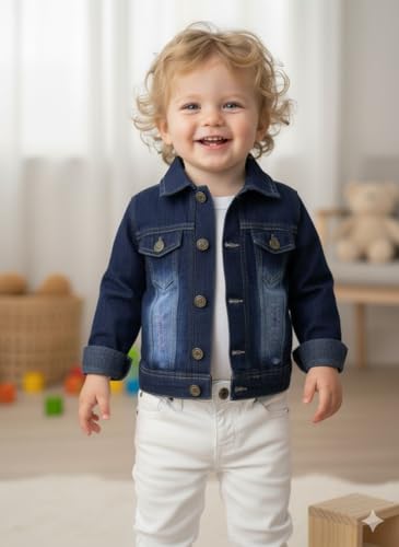 Image of A.T.U.N. (ALL THINGS UBER NICE) Trendy Boys Cotton Denim Jacket | Casual Outerwear with Full Button Front, Smart Collar & Pockets | Stylish Cotton Casual Kids Jacket for Everyday