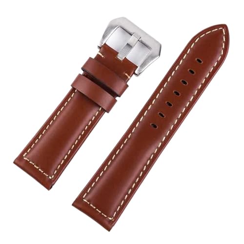 MENGXIU MENGKE Herren-Business-Uhrenarmband Aus Echtem Leder, Leder, Geeignet for Panerai-Armband, 22 Mm, 24 Mm, 26 Mm, Glatte Oberfläche, Braun Und Schwarz(Brown Silver Buckle,24mm)