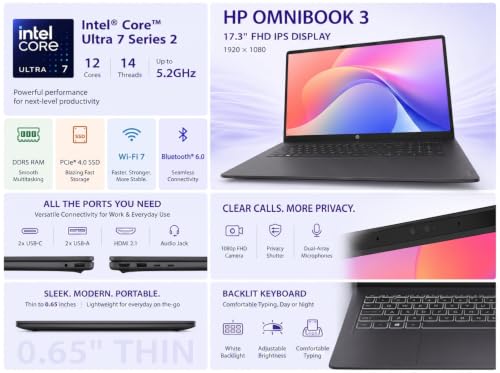 Image of HP OmniBook 3 Business Laptop, 2026 Edition, 17.3 inch FHD IPS Micro-Edge Display, Intel Core Ultra 7, 32GB DDR5 RAM, 2TB PCIe SSD, Backlit Keyboard, Wi-Fi 7, Thin & Lightweight, Windows 11 Pro