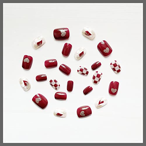 Wedity 24Pcs claret Short Chessboard Love False Nail Pearl Leaf Acrylic False Nails Press on Nails for Women Girls (D) - Image 4