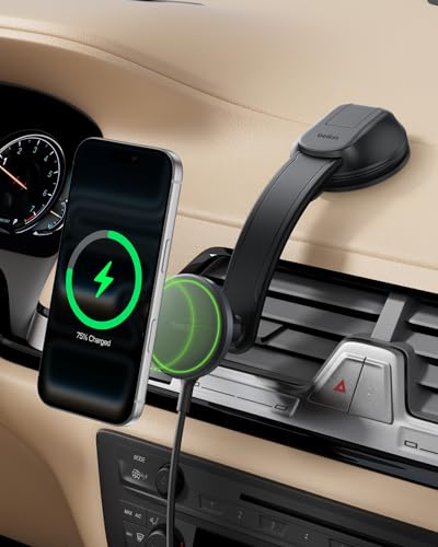 Belkin Wireless Car Charger MagSafe Phone Holder & Car Dash Mount w/ 1M USB C Cable Qi2 MagSafe Compatible Fast Charging iPhone Charger for iPhone 17 Galaxy S26 Pixel 10 Road Travelers Black