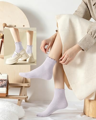 Image of DQCUTE Women's Ruffled Ankle Boot Socks - Soft Knit Cotton Lettuce Trim Crew Socks for Teen Women 6 Pairs