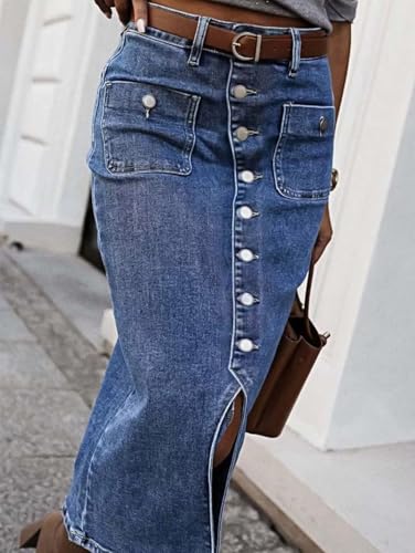 Flamingals Straight High Rise Vintage Botton Fly Split Thigh Midi Long Pencil Denim Skirt4