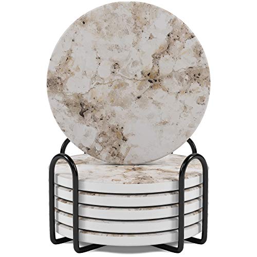 KROWN KITCHEN - 6 Pieces coasters for drinks absorbent with holder. Stone coasters with cork base. Gift ideas