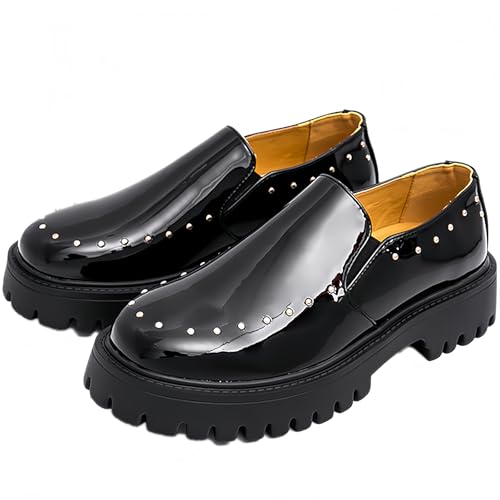 Men's Fashion Rivet Patent Leather Platform Low Chunky Heel Slip on Loafers Comfortable Anti-Collision Round Toe Lightweight Anti-Slip Lug Sole Derby Shoes for Business Wedding Prom