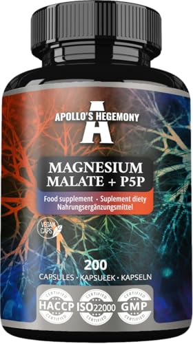 Magnesium Malate 1400 mg per Portion + Vitamin B6 (P-5-P) - 200 Vegan Capsules - 3 Month Supply - Magnesium Malate + Pyridoxal-5-Phosphate - Support Muscle and Bone Health - by Apollo's Hegemony
