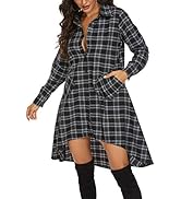 olrain Womens Plaids V Neck Long SleeveIrregular Hem Casual Shirt Dress