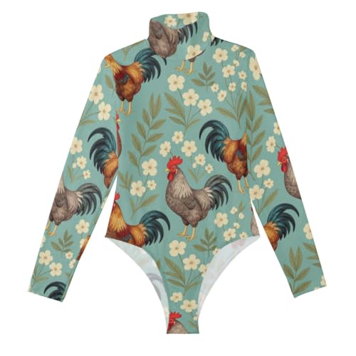 Body de manga larga para mujer con diseño vintage de pollo y cuello alto falso