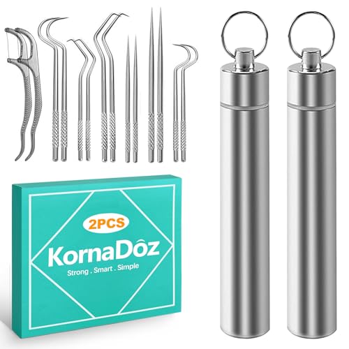 KornaDoz 7 Pcs Stainless Steel Toothpick Set with Pocket Holder, Reusable Metal Dental Picks for Teeth Cleaning, Portable Travel Kit for Camping & Everyday Carry