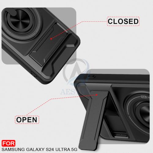 Image of AESTMO Samsung S24 Ultra 5G Back Cover | Armor Camera Slider 360 Degree Rotating Finger Ring Holder Case with Bracket Stand Back Case Cover (Compatible with MagSafe Accessories) (Black)