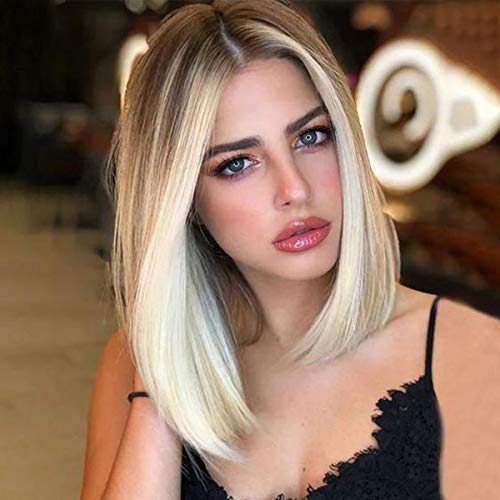 Creamily Ombre Short Bob Wig Brown Roots to Blonde Straight Shoulder Length Hair Synthetic Middle Part Full Replacement Wigs