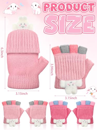 SATINIOR 2 Pairs Winter Kids Fingerless Gloves Toddler Finger Mittens Knit Convertible Half Finger Mitten Flap Aged 3-10(Pink, Beige,Rabbit)3