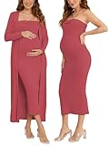 Ecavus Maternity Tube Dress Long Cardigan 2 Piece for Baby Shower and Wedding Guest Ribbed Maternity Photoshoot Dresses