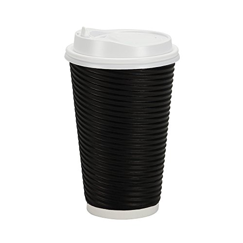 Vasos desechables con tapa, doble pared y aislamiento estriado para protección contra el calor, color negro, 30 unidades - 454 ml Cover